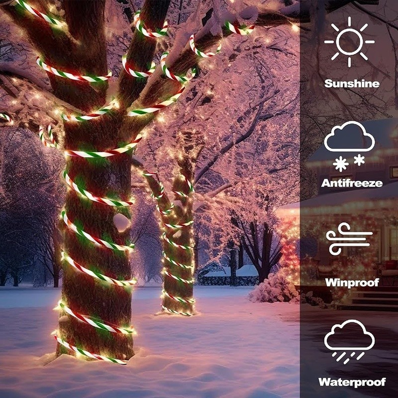 Candy Cane Christmas Rope Lights Waterproof LED String Light Timer 8 Modes Decor