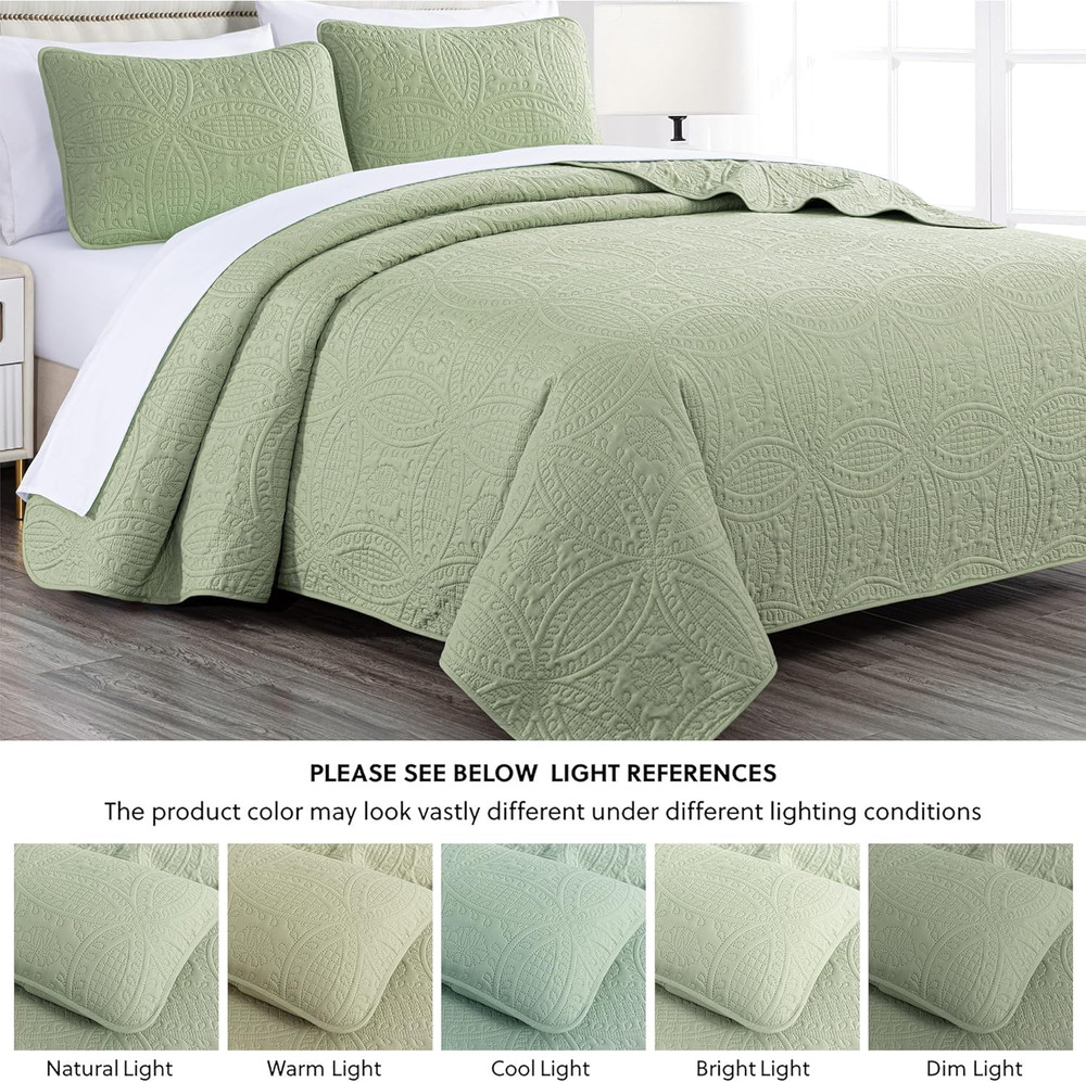 Austin 3-Piece Oversized Bedspread Coverlet Set (King, Sage) | Oversized, Lightw