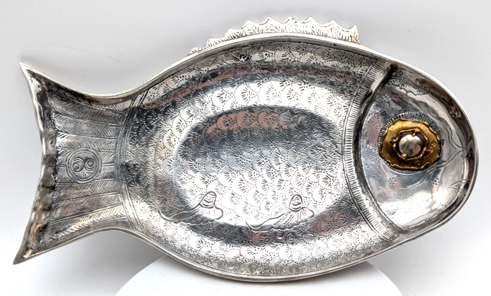 Embossed Silver Metal Fish Dish Mexico