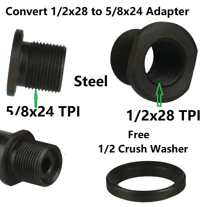 Steel Adapter to Convert 1/2x28 TPI Muzzle Thread to 5/8x24 TPI Muzzle Thread
