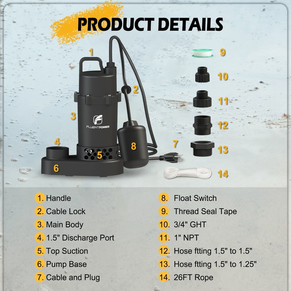 FLUENTPOWER Submersible Sump Pump 3/4HP 3500GPH, Auto Integrated Float Switch