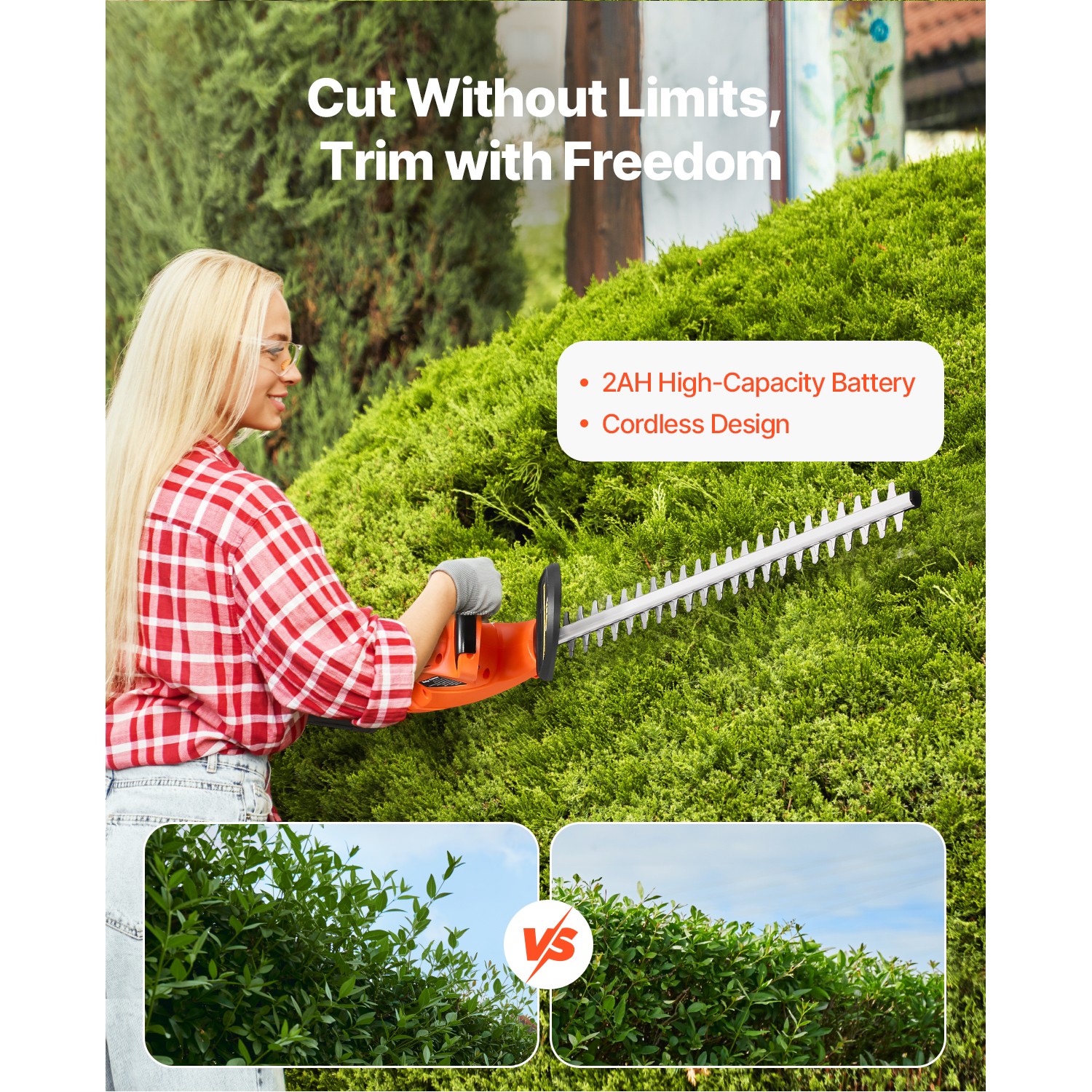 Cordless Electric Hedge Trimmer 20V Battery 20in Dual-Action Blade Bush Cutter