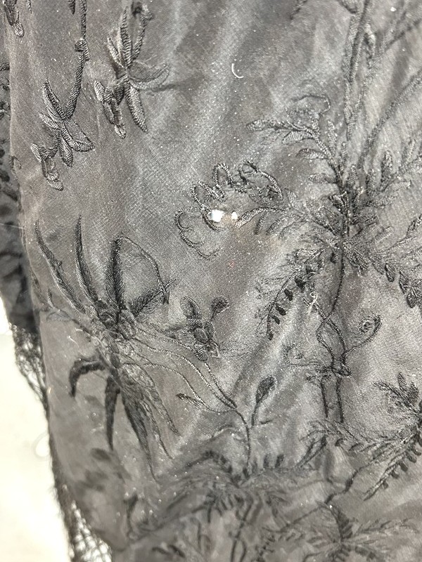 antique silk shawl embroidered black large 62 x 62 fringe 13 in. original 1800