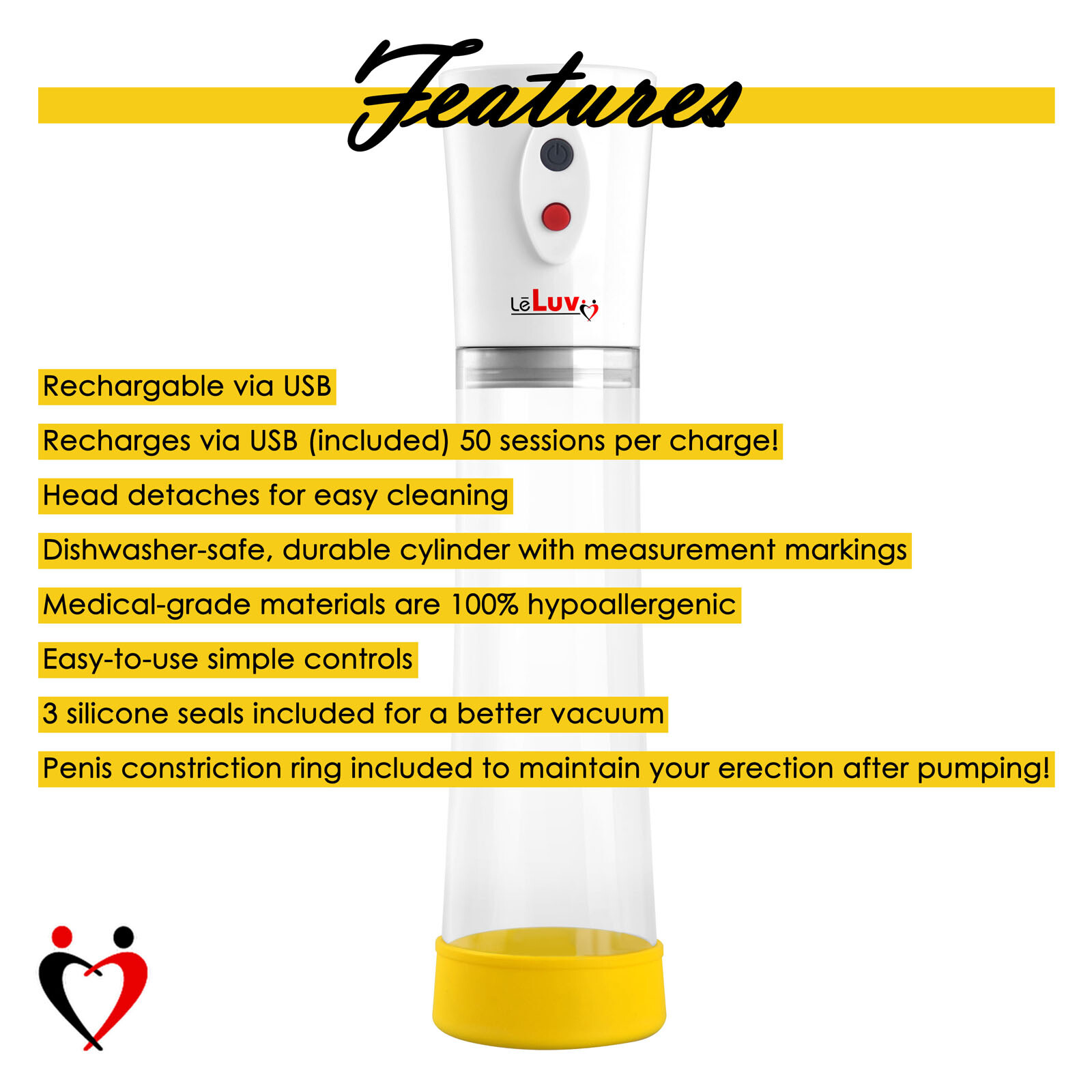 LeLuv Eros Electric Penis Pump with 3 Sizes of Sleeve and 4 Constriction Rings