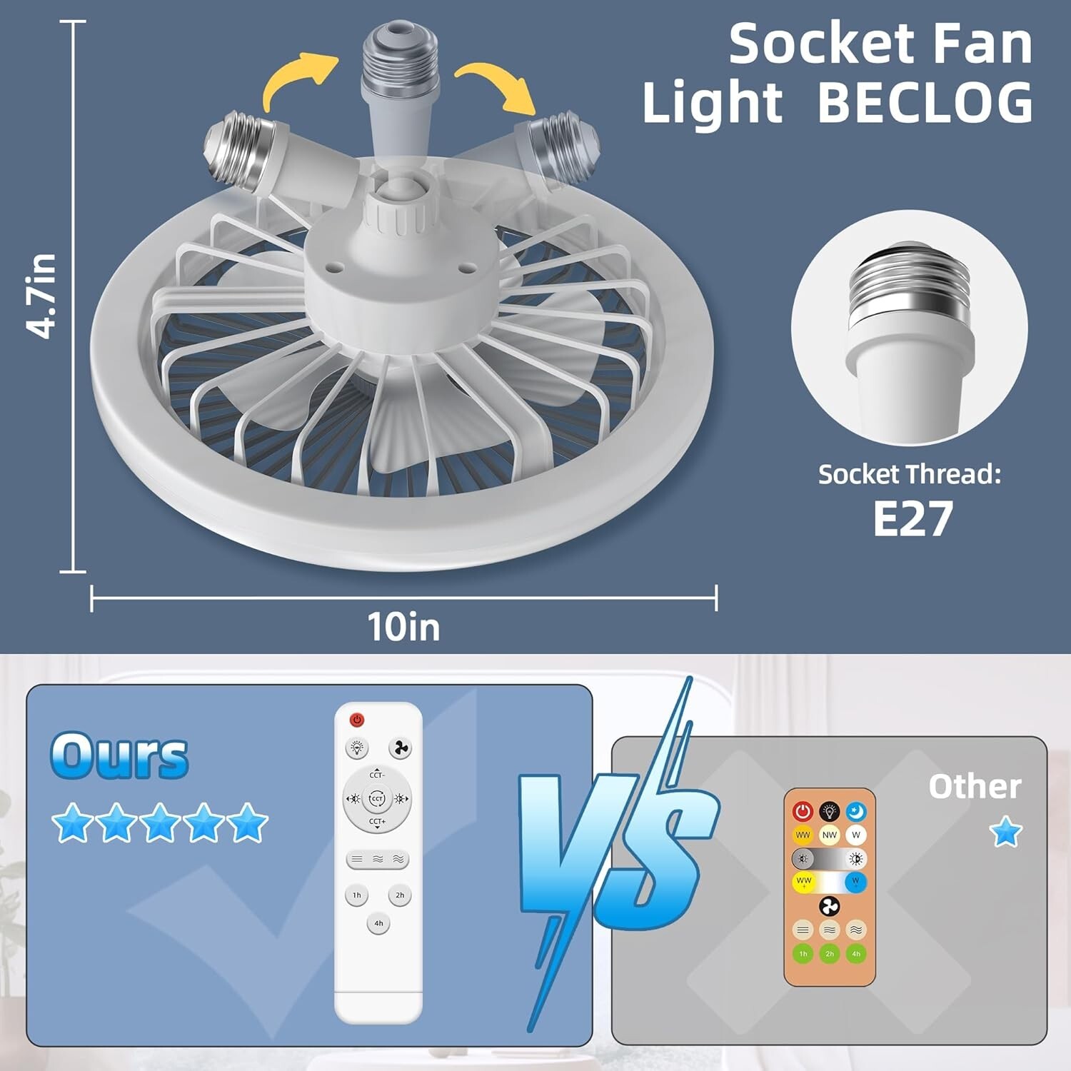 Socket Ceiling Fan Cool Light E26/E27 Base, Ceiling Fans with Light Cordless