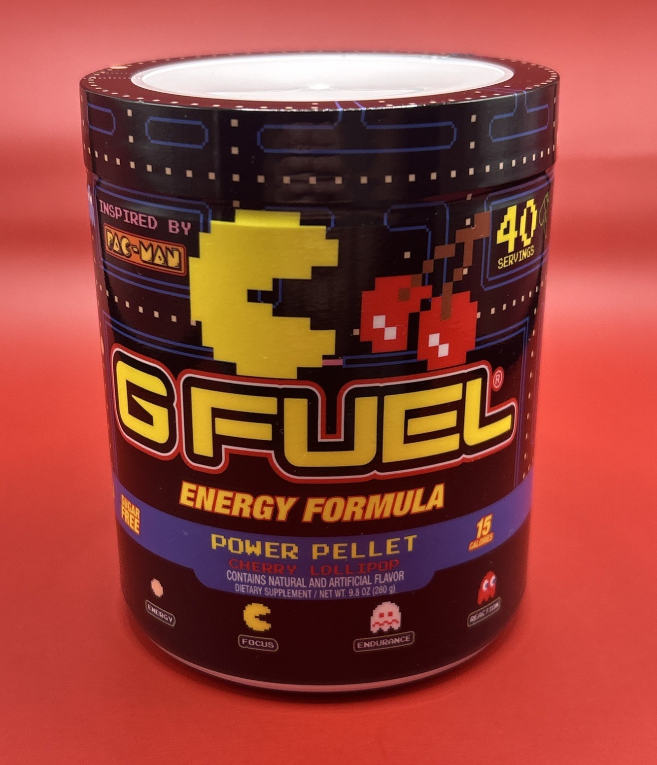 G FUEL Pac-Man Power Pellet Energy Tub (Cherry Lollipop) 40 Servings - Exp. 2028