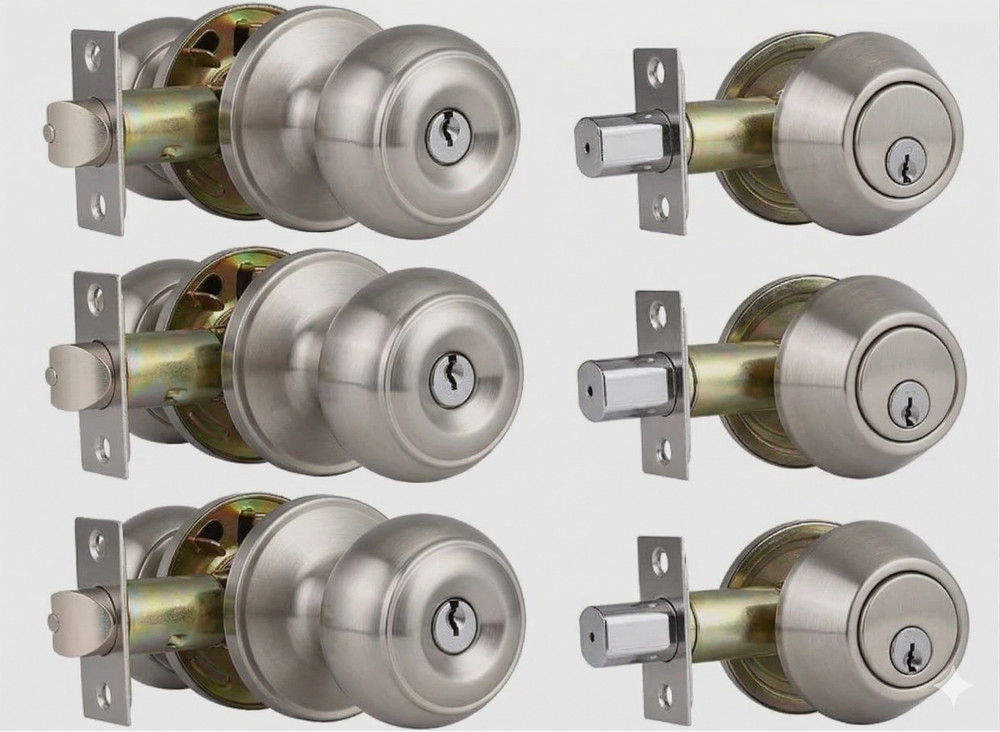 3 Pack Keyed Entry Door Knobs & Single Cylinder Deadbolt Lock Combo Set - SILVER