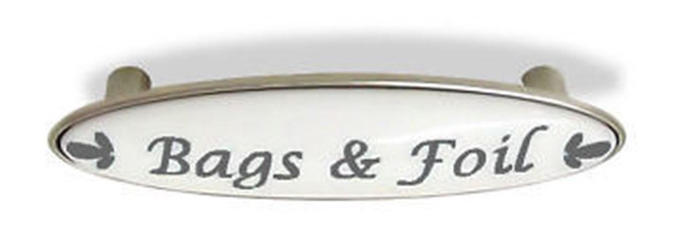 3" Bags & Foil Drawer Pull Blue-Gray Script & Satin Nickel