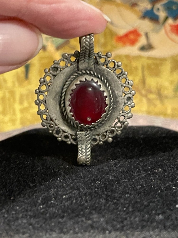 Turkmen Silver And Red Glass Pendant