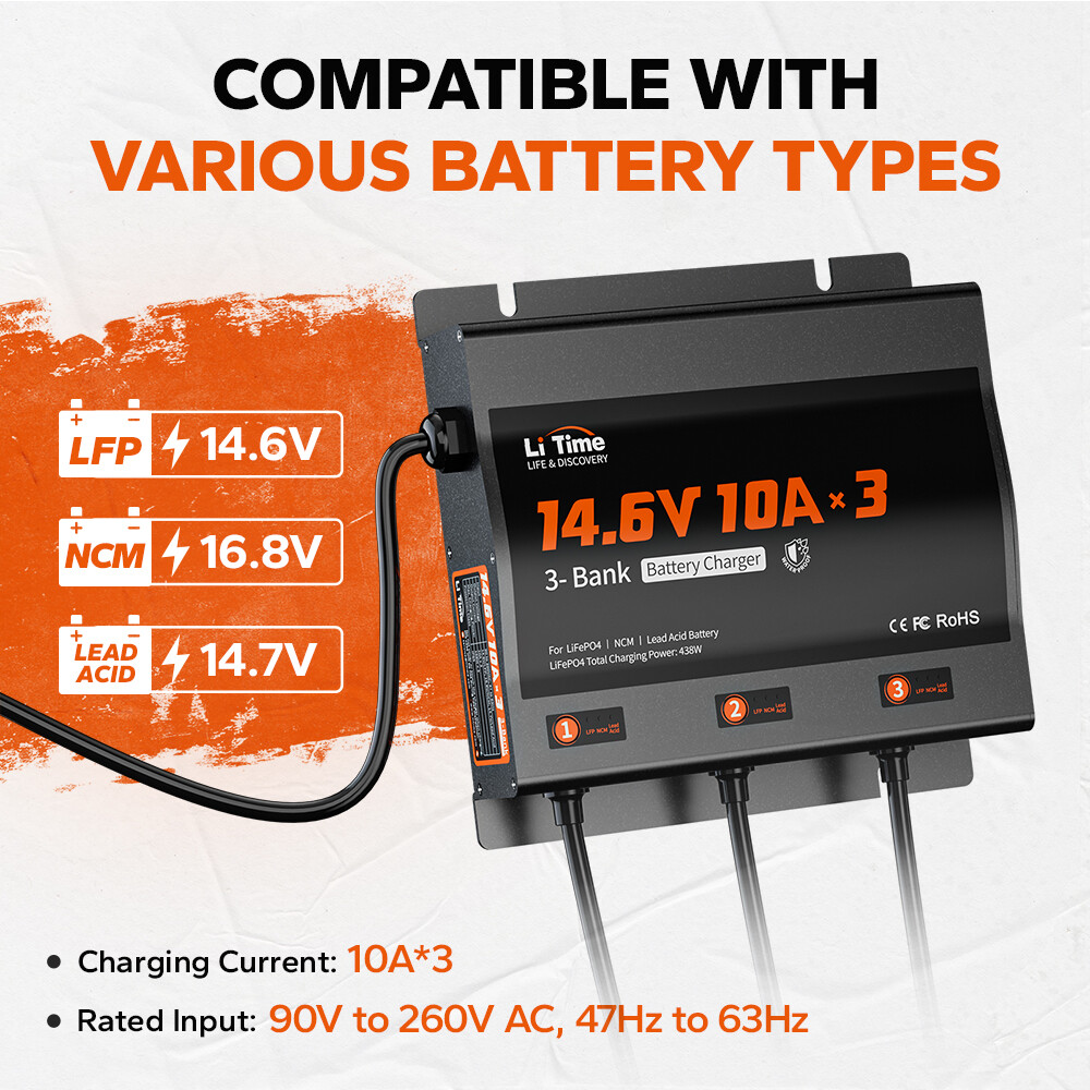 LiTime 14.6V 10A* 3 Bank Smart Battery Charger for Lithium LiFePO4 Lead Acid NCM