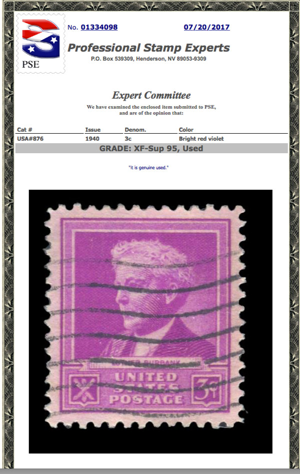 #876 Used, PSE Graded 95, Cert # 01334098