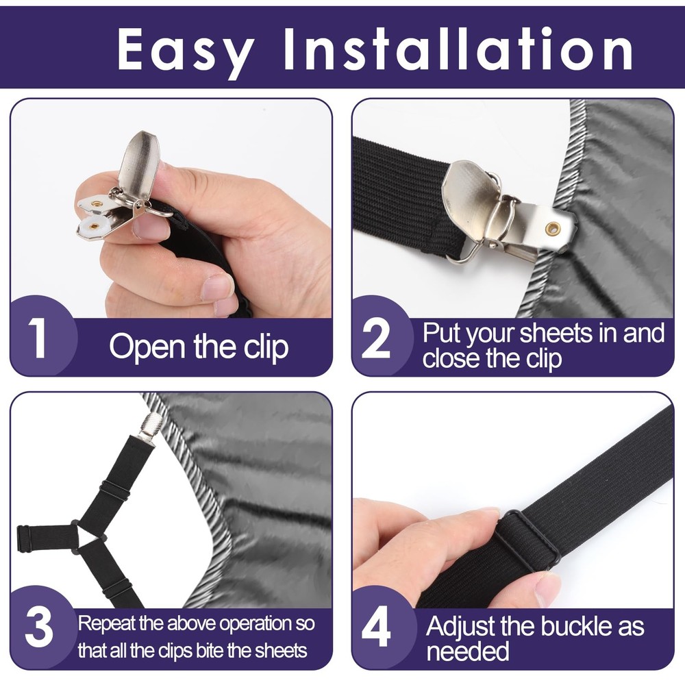 6 PCS Black Adjustable Bed Sheet Straps, Elastic Corner Clips, Fitted Fasteners