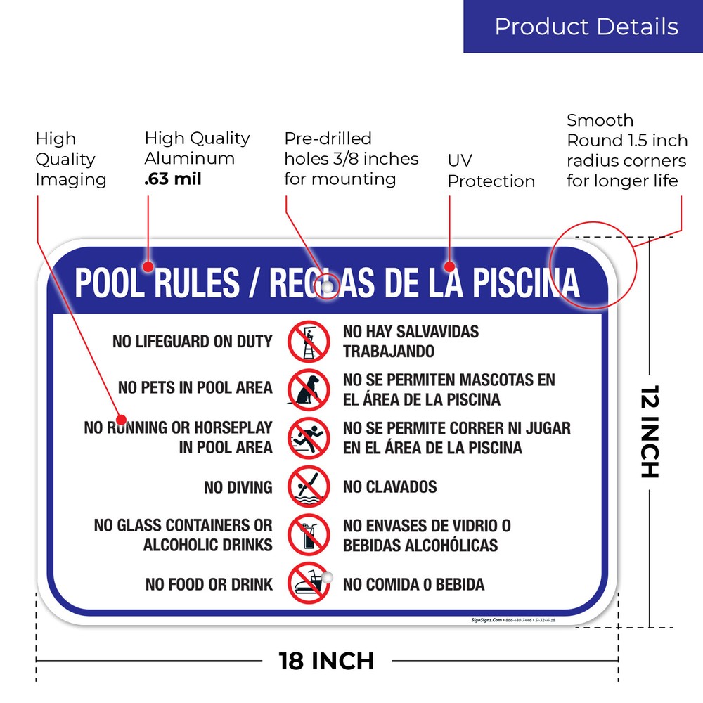 Pool Rules Sign Bilingual, Spanish English,