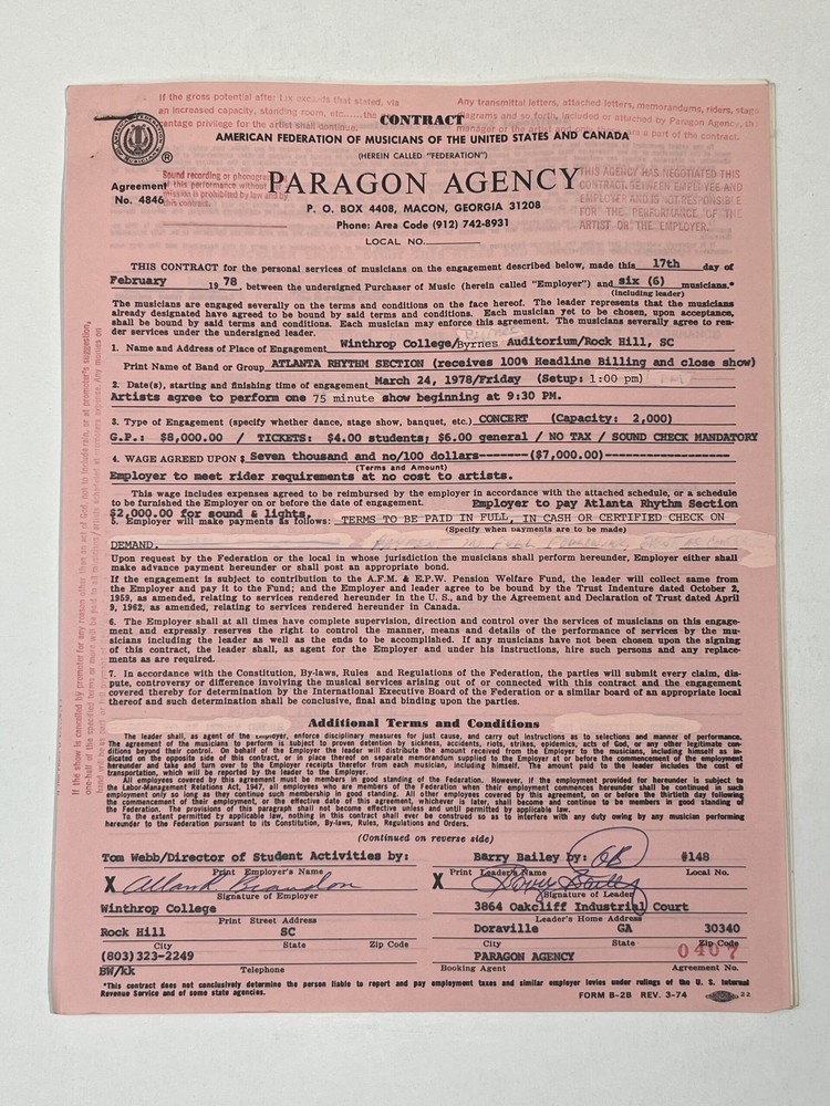 The Atlanta Rhythm Section Concert Contract 1978 Rock Hill SC