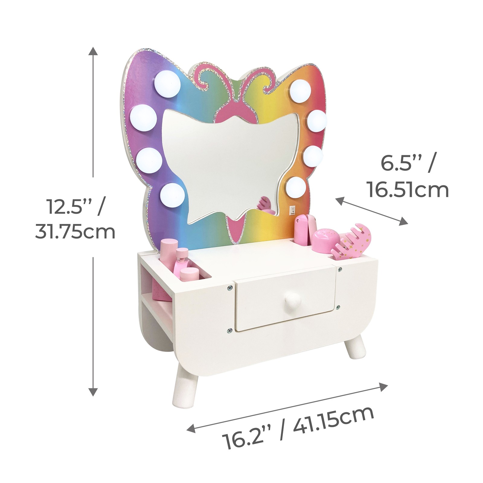 Teamson Kids Colorful Butterfly-Shaped Tabletop Vanity with Illuminated Mirror