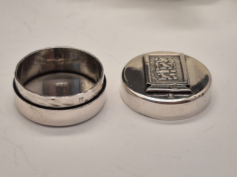 Solid Silver Hieroglyphics Pill Box, Egyptian Hallmarks, Unusual