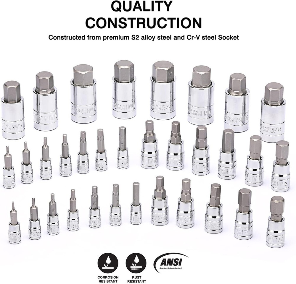 33 Piece Master Hex Bit Socket Set, S2 Steel, SAE and Metric, Allen Socket Bit,