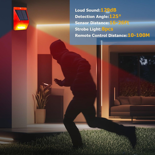 ChunHee Solar Motion Sensor Alarm Outdoor Detector 4 Light + 2 Remote