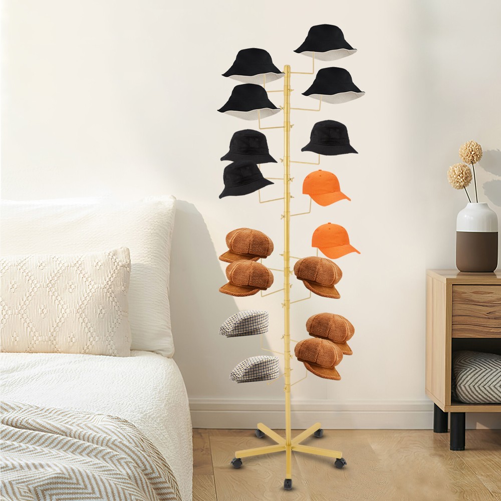 Freestanding Hat Display Rack with Adjustable Hooks & Lockable Wheels