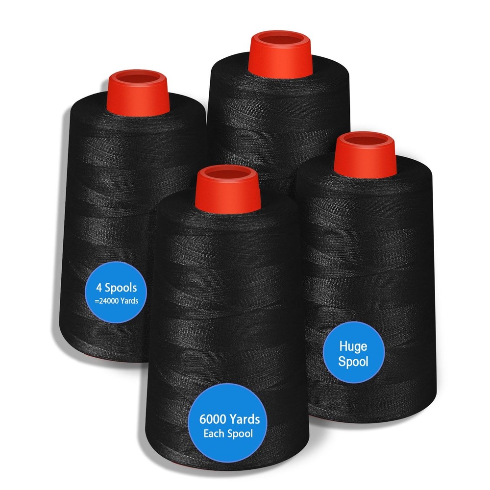 AOFITOA Black Sewing Thread, Serger Thread Cones 4 Pack, 40S/2-24000 Yards Bl...