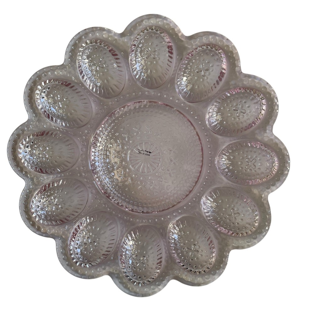 NEW Bunny Boulevard Pink Glass Devilled Egg Plate Platter 10in Embossed Easter