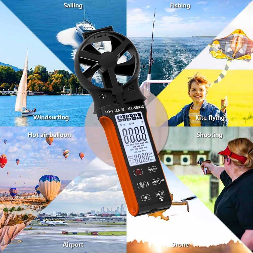 Air Flow & Wind Speed Meter, Handheld CFM Anemometer with Waterproof Touch Bu...