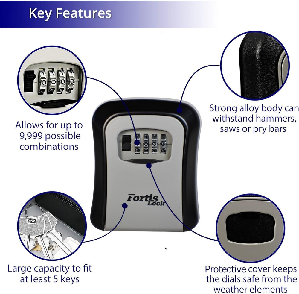 Box for Keys with Code, Wall Mount Combination Key Lock Box, 4-Digit Resettable,
