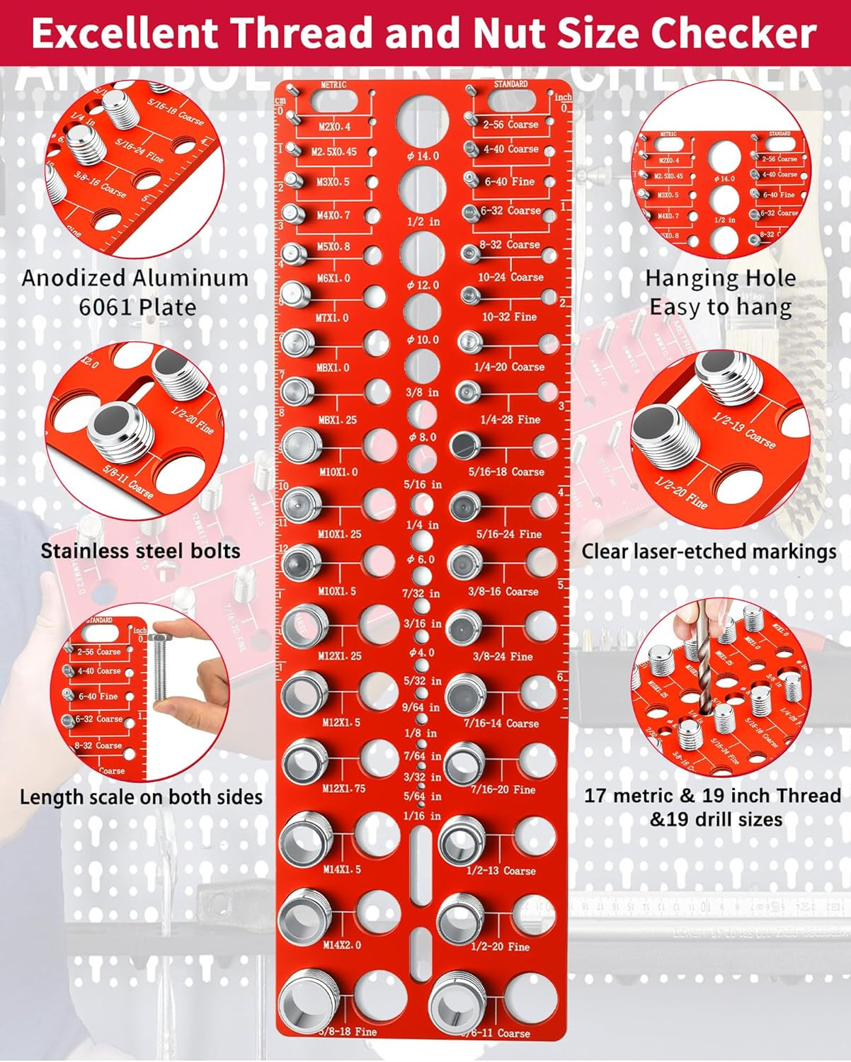Thread Checker, 55 Nut and Bolt Thread Checker, Screw Size and Thread Identifier
