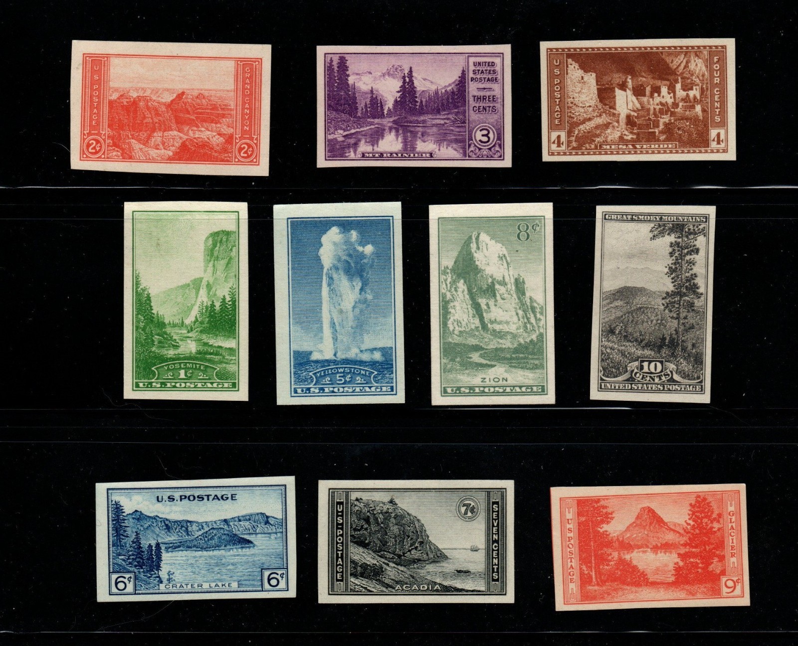 US, Scott # 756-765, National Park Imperforate Issues, MNH Stock Photo