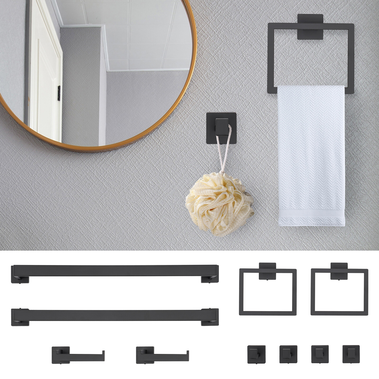 10-piece Matte Black Bathroom Accessories Set Wall Mounted Bathroom Towel Bars