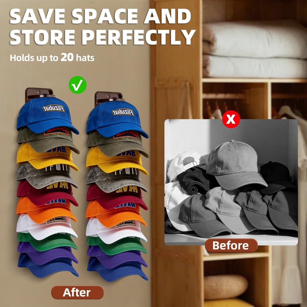 Spring Clip Hat Organizer for Baseball Caps – 2 Pack, Wall Hat Rack for Do