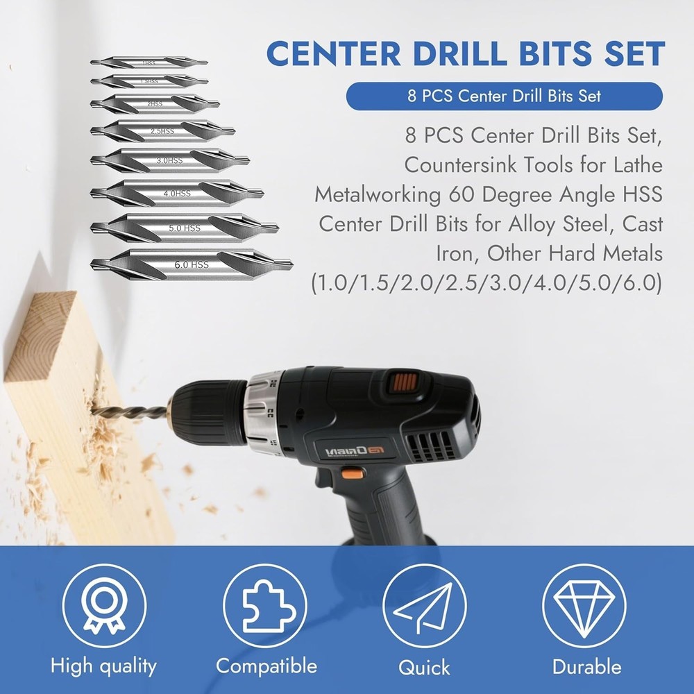 8 PCS Center Drill Bits Set, Countersink Tools for Lathe Metalworking 60 Degree.