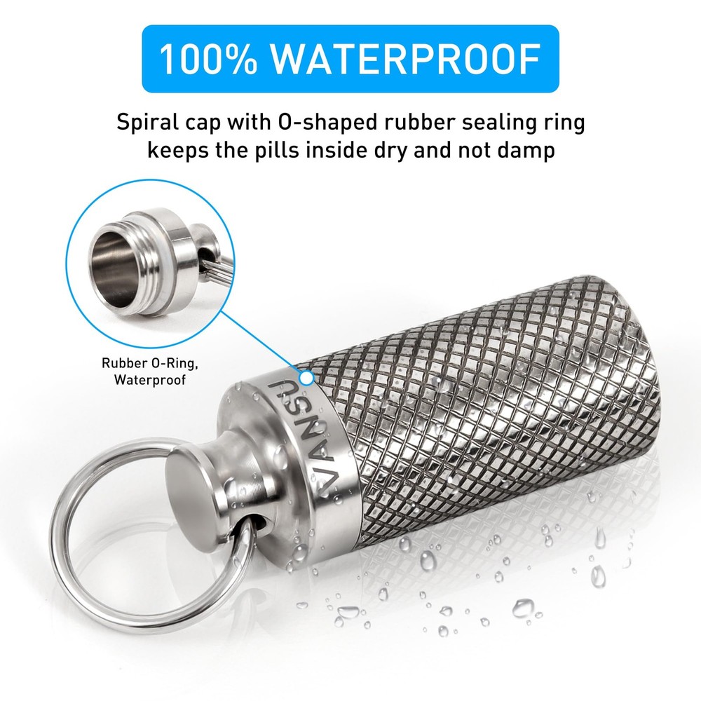 VANSU Titanium Waterproof Keychain Pill Holder Small-2pack, Silver