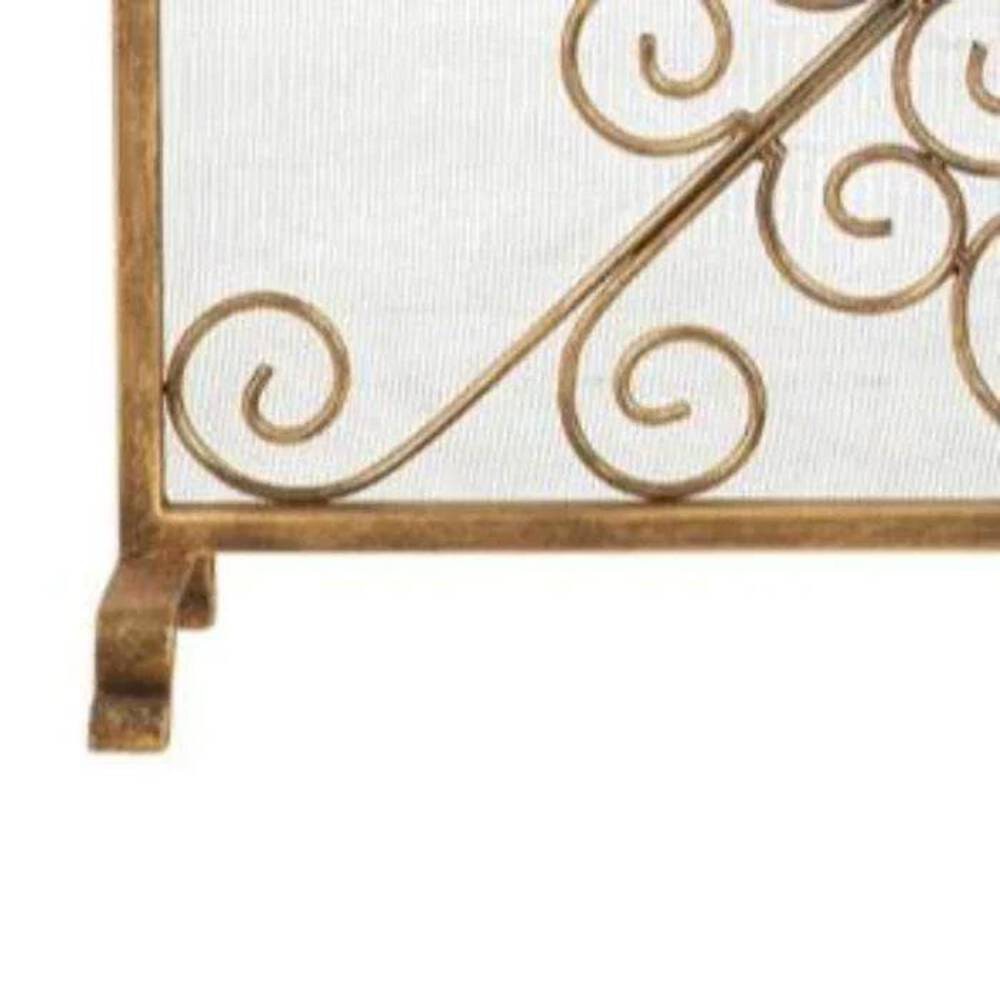 Single Panel Fireplace Screen in Dark Burnished Gold and Scroll Design