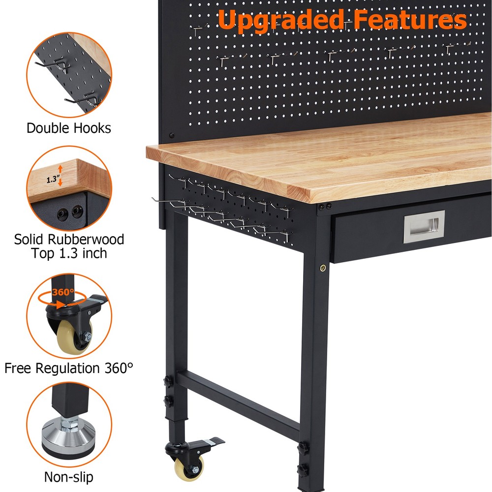 Adjustable Workbench with Drawer Storage, Rubber Wood Top Work Table for Garage