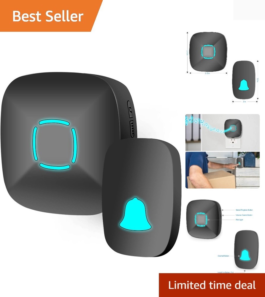 Classic Black Wireless Doorbell - 36 Chimes, Adjustable Volume, 1000ft