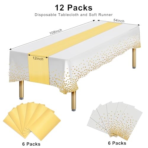 Plastic White Table Cloth Tablecloth Rectangle Table 12 Packs White and Gold