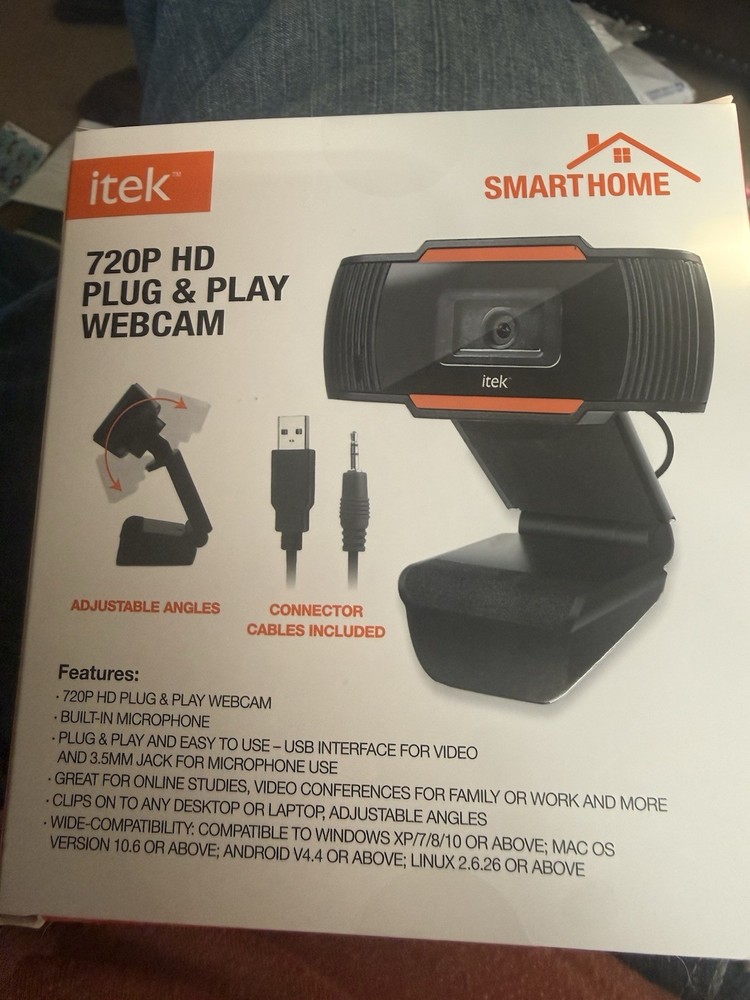 itek 720P HD Plug & Play Webcam, Built-in Microphone, USB, Adjustable Angles