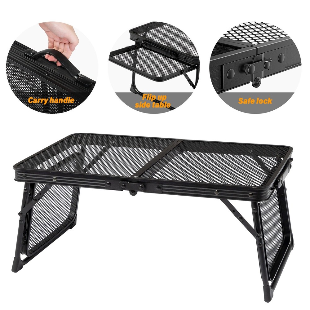 3ft Folding Camping Wire Mesh Table - Side Wings Adjustable Aluminum Frame Black