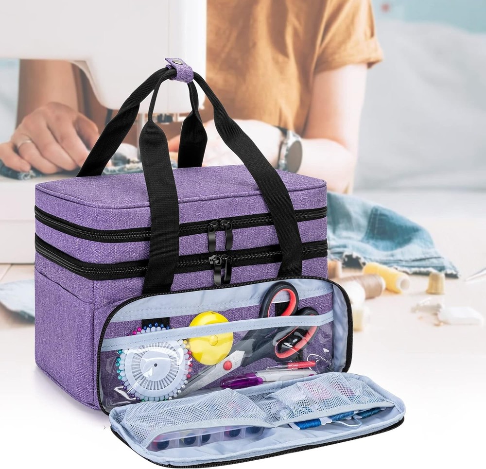 Functional Double Layer Sewing Tools Storage Bag with Clear Detachable Pouches