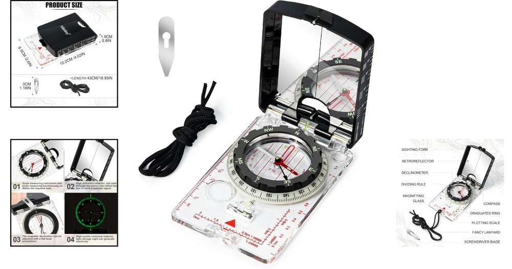 Hiking Mirrored Sighting Compass - With Adjustable Declination & Map LED