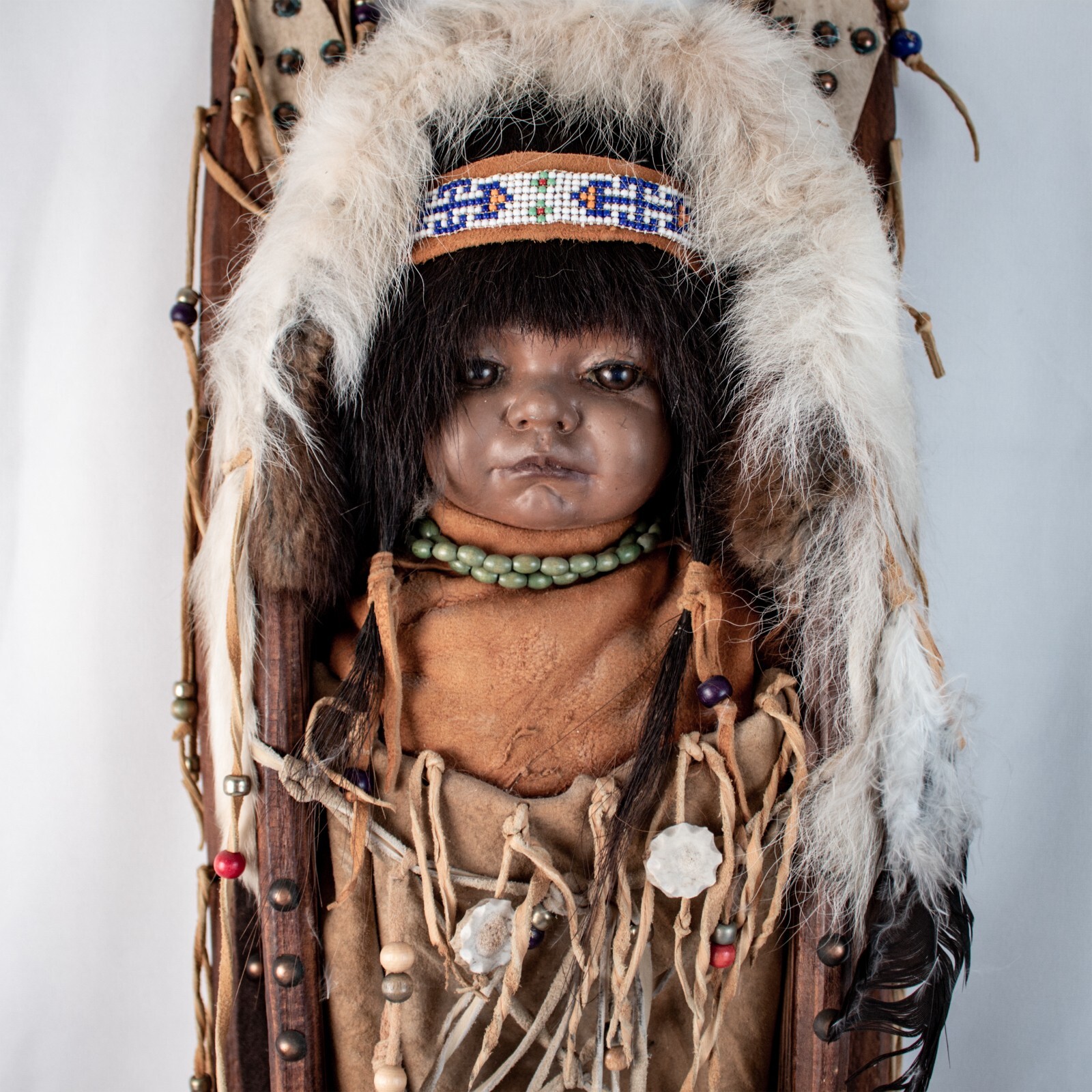 Vintage 1960's ALASKA Handcraft Eskimo Papoose Doll Cradle Large 39"L x 9.5"W