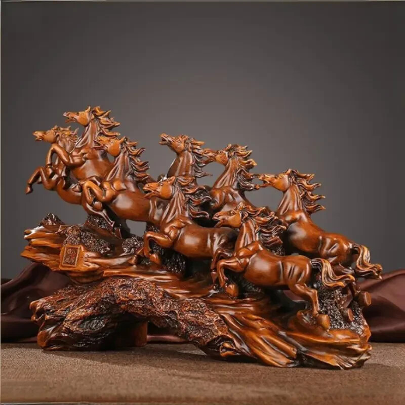 NEW 14" Stunning 8 Horse Stampede! Woodsy Brown Resin Figurine Sculpture 8x14