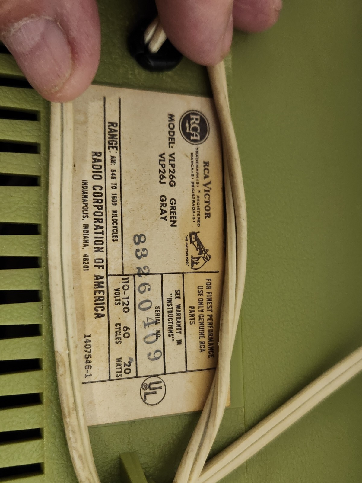 RCA Victor Record Player VLP26G AM Radio Vtg Green Portable PARTS REPAIR BROKEN