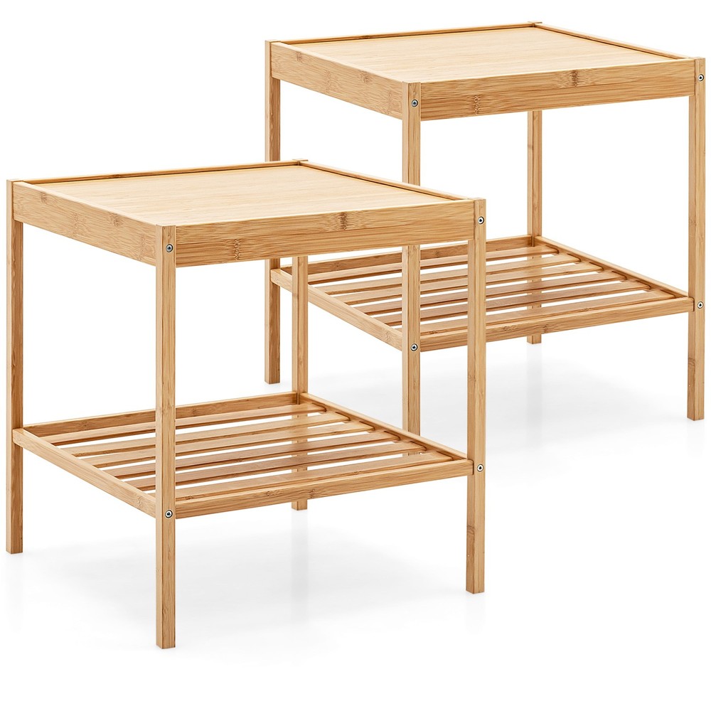 2 PCS 2-Tier Bamboo Nightstand Side Table Small Accent Table End Table Natural