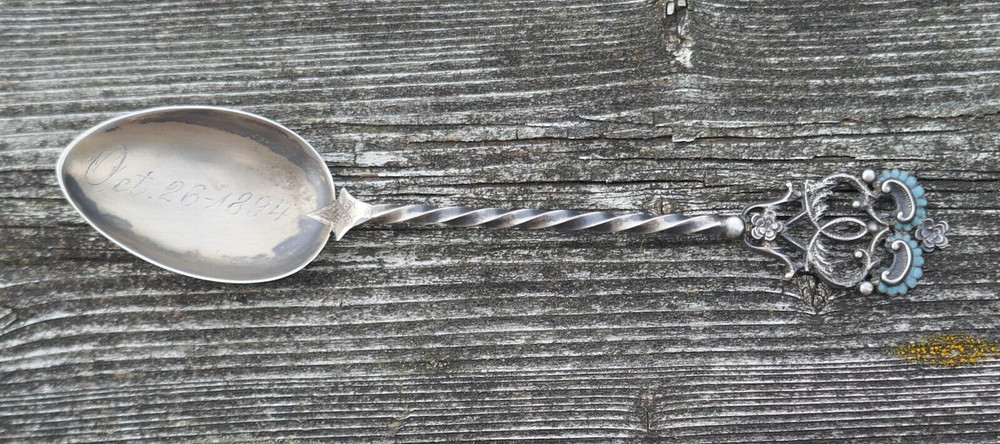 Antique Dated 1894 Sterling Silver & Enameled Twist Handle Teaspoon