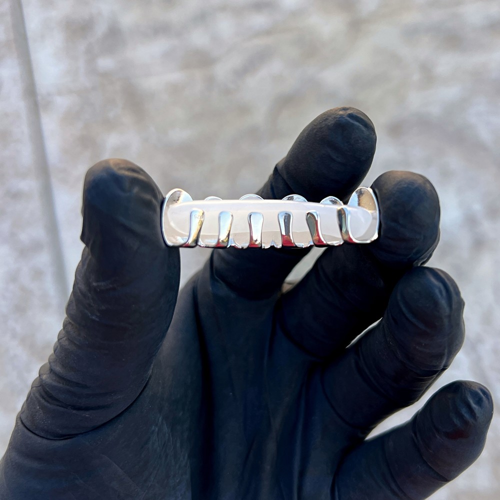Real Solid 925 Sterling Silver White Enamel Grillz Rapper Grill Six Top Teeth