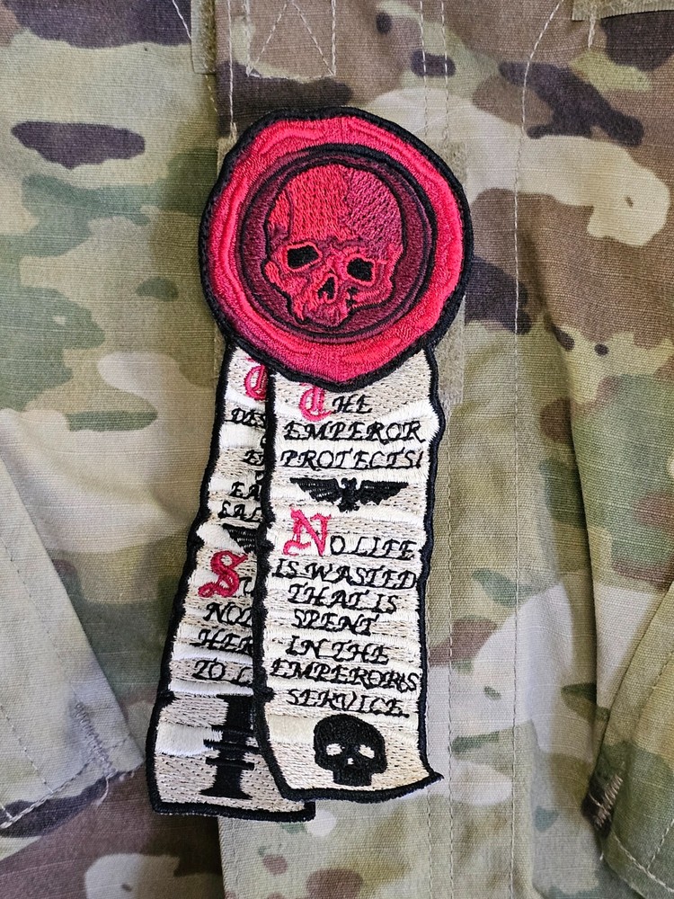 Grim Dark Purity Seal Wax & Scroll Embroidered Patch Hook Back Warhammer 40k