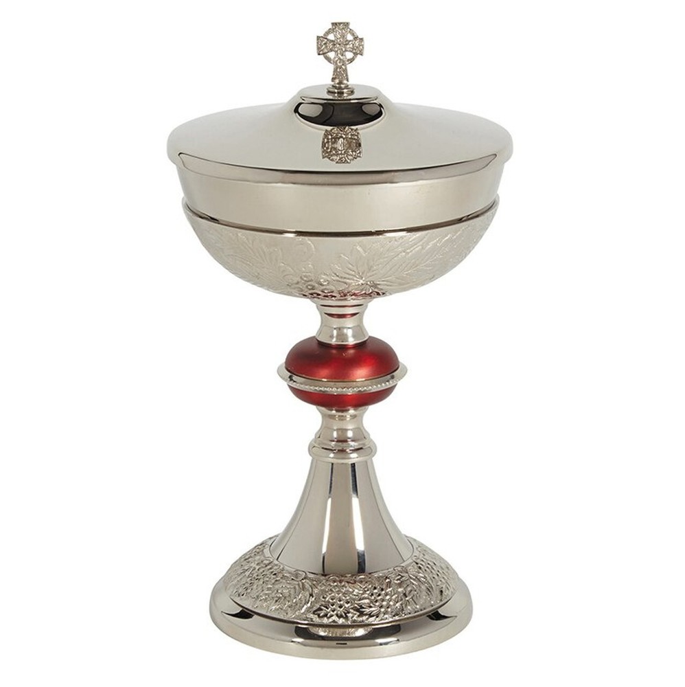 Grape Patterned Ciborium with Cover and Enamel Node, 11" Tall, holds 250 Hosts