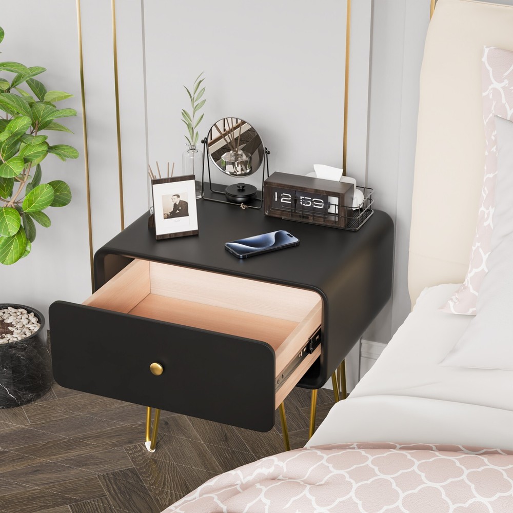 Black single drawer solid wood bedside table easy to install and convenient